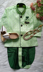 Boys Pixie Green IndoWestern dhoti set - Chain and shoes included