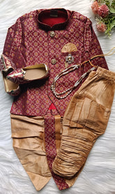 Boys Persian Plum IndoWestern dhoti & Frill Pant set - Chain and shoes included