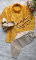 Boys Haldi Gold Kurta set - Chain and Shoes Included