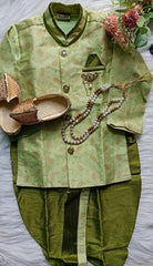 Boys kurta Dhoti set - Olive Green Dhoti Pearl chain Included