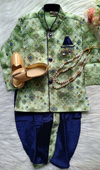 Boys kurta Dhoti set - Deep Forest Green Dhoti set with Pearl chain Included