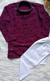Boys Georgette Sequence wine berry Kurta set