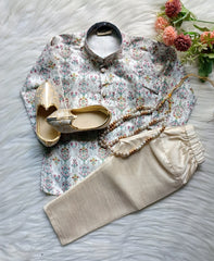 Boys Quill Grey White Kurta set - Chain and Shoes Included