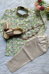 Boys Multi Olive Kurta set - Pearl Chain and Shoes Included