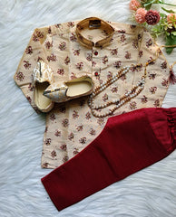 Boys Solid Rusty Red Kurta set - Pearl Chain  and Shoes Included