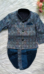 Boys Premium Indo Western Kurta Set - Dhoti & Pant Included Blue Charcoal