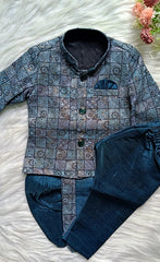 Boys Premium Indo Western Kurta Set - Dhoti & Pant Included Blue Charcoal