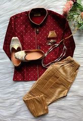 Boys Dark Brick IndoWestern set - Chain and shoes included