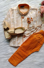 Boys Silk Gold IndoWestern set - Chain and shoes included
