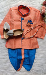 Boys Peach Midnight Blue IndoWestern set - Chain and shoes included