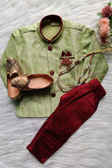 Boys Olive Maroon IndoWestern set - Chain and shoes included