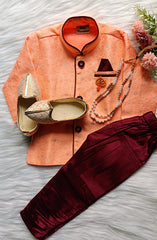 Boys Peach Salmon IndoWestern set -Pearl Chain and shoes included