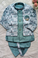 Boys Premium Indo Western Kurta Set - Dhoti & Pant Included Bluish Green