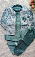 Boys Premium Indo Western Kurta Set - Dhoti & Pant Included Bluish Green