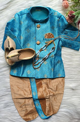 Boys Blue Chill IndoWestern dhoti & Pant set - Chain and shoes included