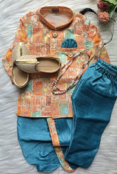 Boys Peacock Blue IndoWestern dhoti & Pant set - Chain and shoes included