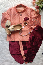 Boys Wine Berry IndoWestern dhoti & Pant set - Chain and shoes included