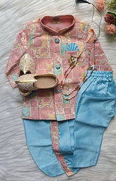 Boys Hippie Blue IndoWestern dhoti & Pant set - Chain and shoes included