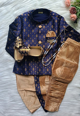 Boys Blue Walnut IndoWestern dhoti & Pant set - Chain and shoes included