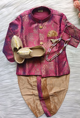 Boys Raspberry Mauve IndoWestern dhoti & Pant set - Chain and shoes included
