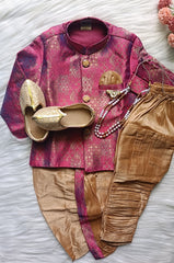 Boys Raspberry Mauve IndoWestern dhoti & Pant set - Chain and shoes included