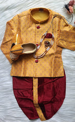 Boys Cherry Wood IndoWestern dhoti & Pant set - Chain and shoes included