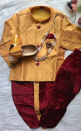 Boys Cherry Wood IndoWestern dhoti & Pant set - Chain and shoes included