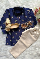 Boys Blue Flower Kurta set - Chain and Shoes Included