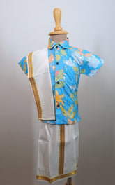 Infants Dapper blue floral half sleeve shirt with Pancha - Kanduva set