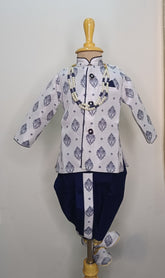 Infants Blue Block Print Dhoti Set - Chain and Shoes Included