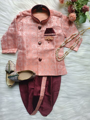 Boys Antique Brass IndoWestern dhoti set - Chain and shoes included