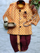 Boys Rusty Orange IndoWestern dhoti set - Chain and shoes included