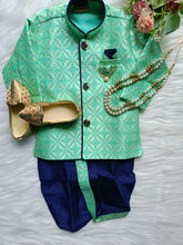 Boys Mint Green IndoWestern dhoti set - Chain and shoes included