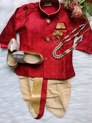 Boys Ruby Red IndoWestern dhoti set - Chain and shoes included