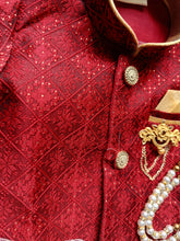 Boys Ruby Red IndoWestern dhoti set - Chain and shoes included