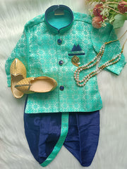 Boys Bianchi Green IndoWestern dhoti set - Chain and shoes included