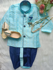 Boys Blue Stream IndoWestern dhoti set - Chain and shoes included