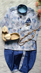 Boys kurta Dhoti set - white and Tealish Blue Dhoti chain Included