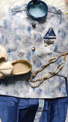 Boys kurta Dhoti set - white and Tealish Blue Dhoti chain Included