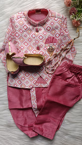 Boys Classic Rose IndoWestern dhoti &  Pant set - Chain and shoes included