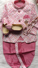 Boys Classic Rose IndoWestern dhoti & Pant set - Chain and shoes included
