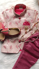 Boys Pinkish Red IndoWestern Pant set - Chain and shoes included