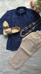 Boys Dark Blue Kurta set - Chain and Shoes Included