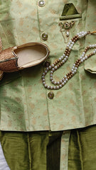 Boys kurta Dhoti set - Olive Green Dhoti Pearl chain Included