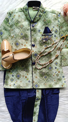 Boys kurta Dhoti set - Deep Forest Green Dhoti set with Pearl chain Included