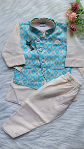 Boys Blue Mist 3 piece Kurta Set -Khadi Cotton
