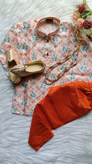Boys Solid Rusty Orange Kurta set - Pearl Chain and Shoes Included