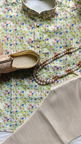 Boys  Multi  Olive  Kurta set - Pearl Chain  and Shoes Included