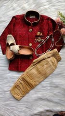 Boys Fire Brick IndoWestern set - Chain and shoes included