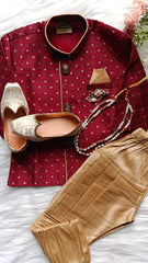 Boys Dark Brick IndoWestern set - Chain and shoes included